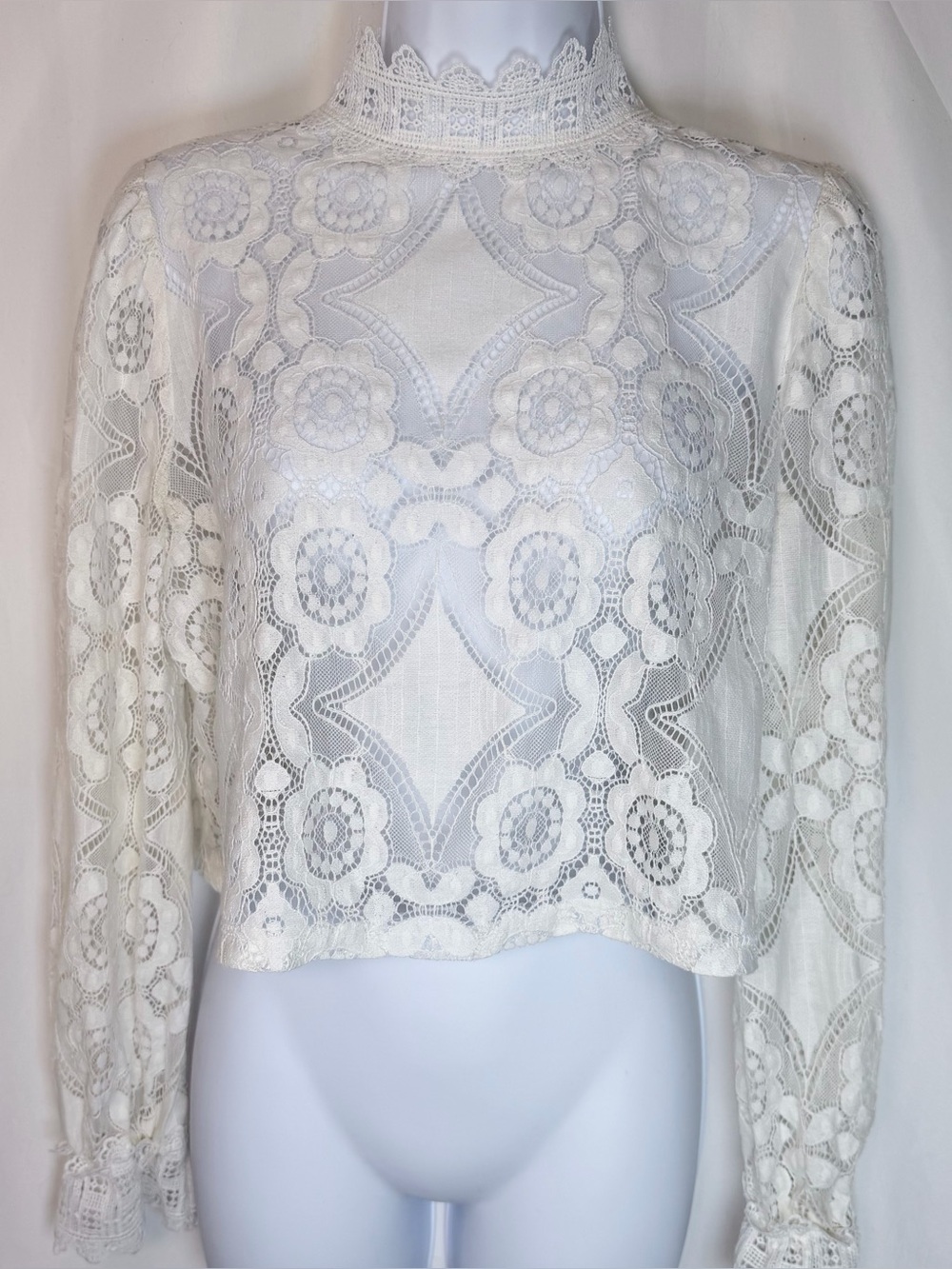 Zara Ivory Floral Lace High Neck Cropped Blouse Top Size Small